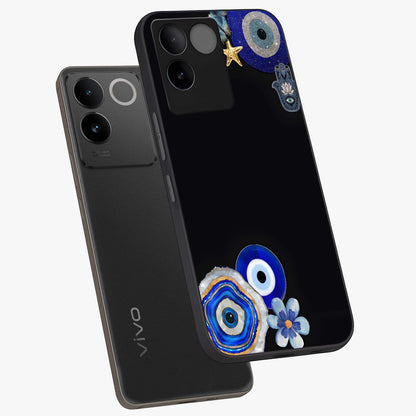 Aesthetic Blue Evil Eye Glass Case displayed in angled mockup highlighting blue evil eye symbol and spiritual aesthetic design.