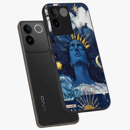 Aesthetic Lord Shiva Glass Case displayed in angled mockup highlighting spiritual Shiva illustration and sacred aesthetic design.