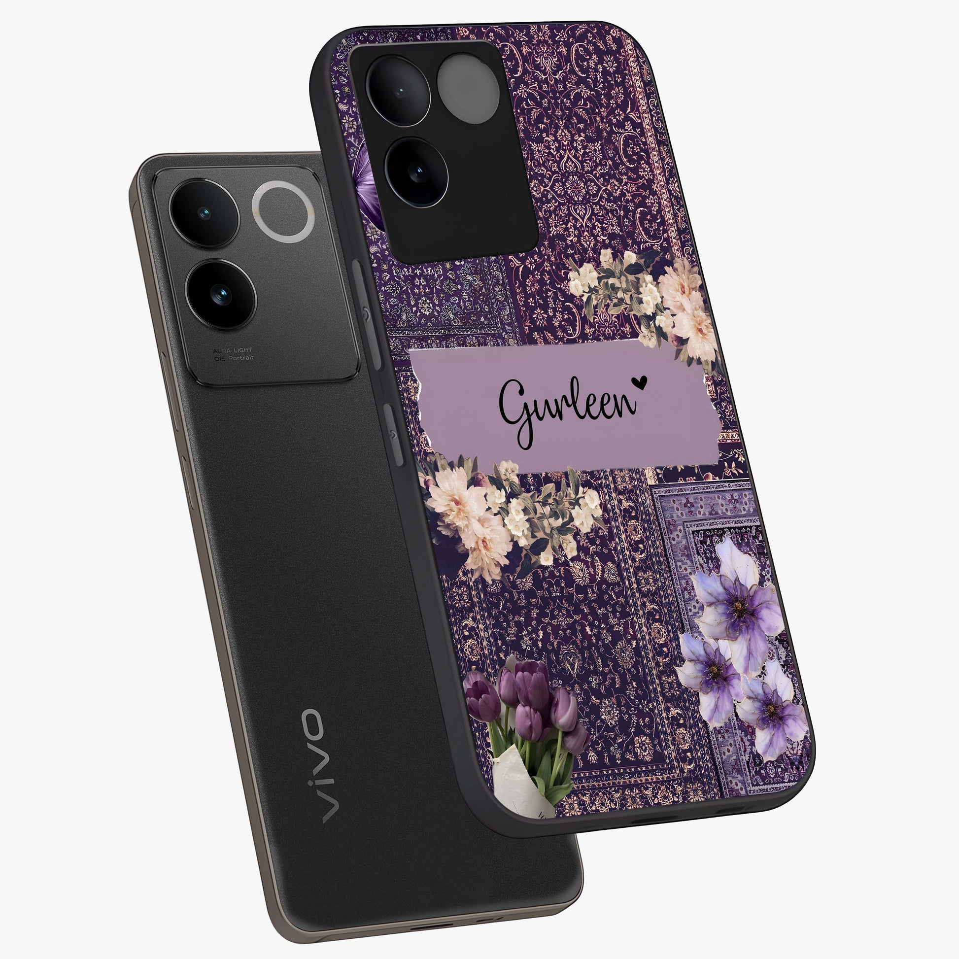 Antique Floral Whisper Custom Name Glass Case displayed in angled mockup highlighting elegant antique floral aesthetic.