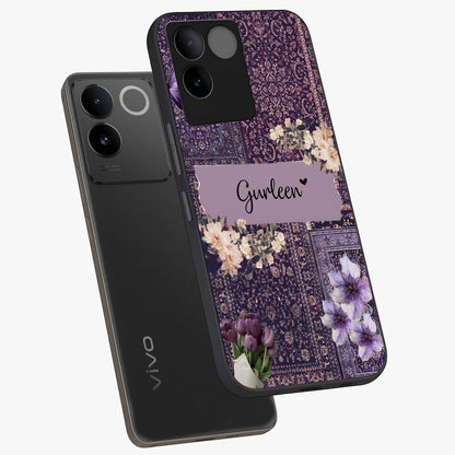 Antique Floral Whisper Custom Name Glass Case displayed in angled mockup highlighting elegant antique floral aesthetic.