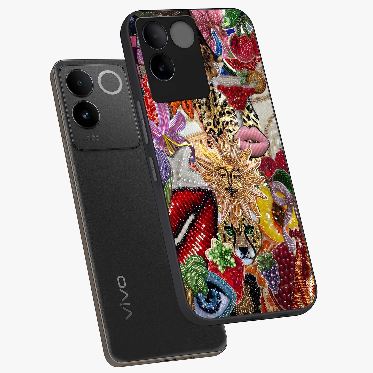 Beaded Fashion Jungle Glass Case displayed in angled mockup highlighting colorful fashion bead design and artistic pattern.