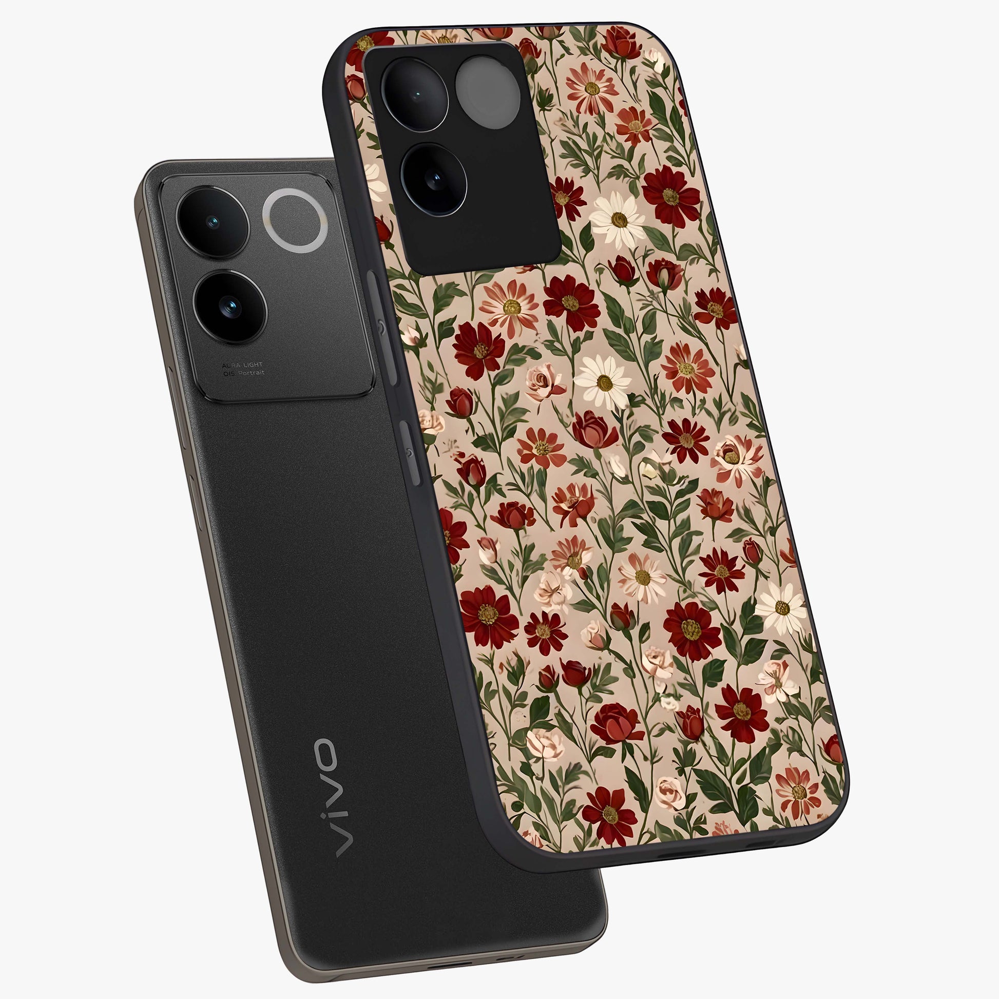 Biege Flower With Leaf Glass Case displayed in angled mockup highlighting minimal floral leaf design and elegant aesthetic.