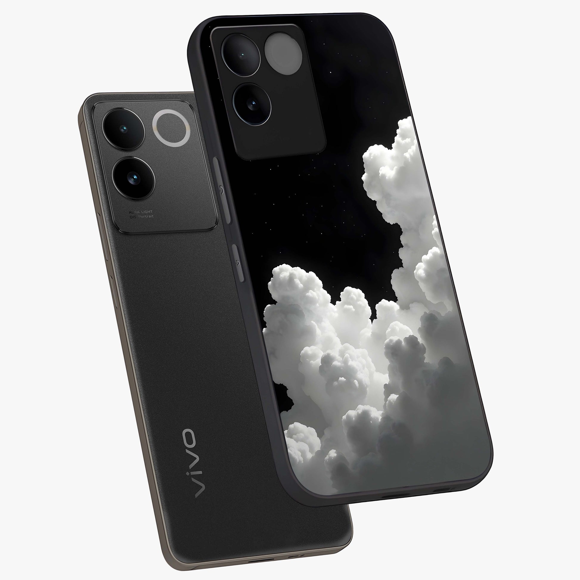 Black Background With White Cloud Glass Case displayed in angled mockup highlighting soft white cloud illustration and minimal design.