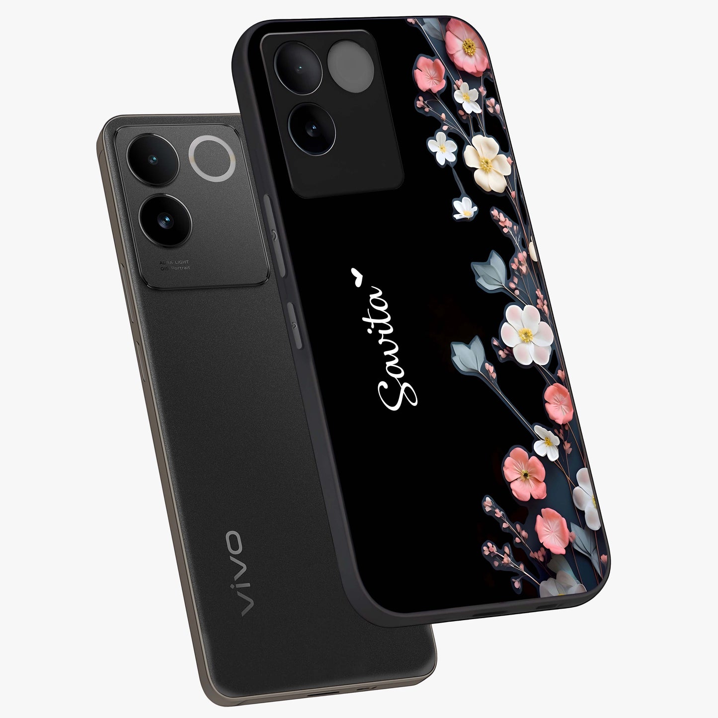 Black Elegance Floral Custom Name Glass Case displayed in angled mockup highlighting dark floral aesthetic and custom name feature.