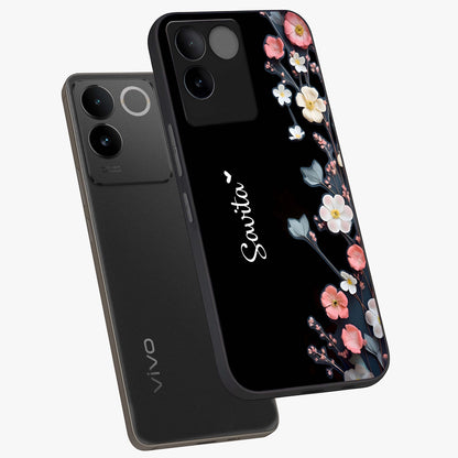 Black Elegance Floral Custom Name Glass Case displayed in angled mockup highlighting dark floral aesthetic and custom name feature.