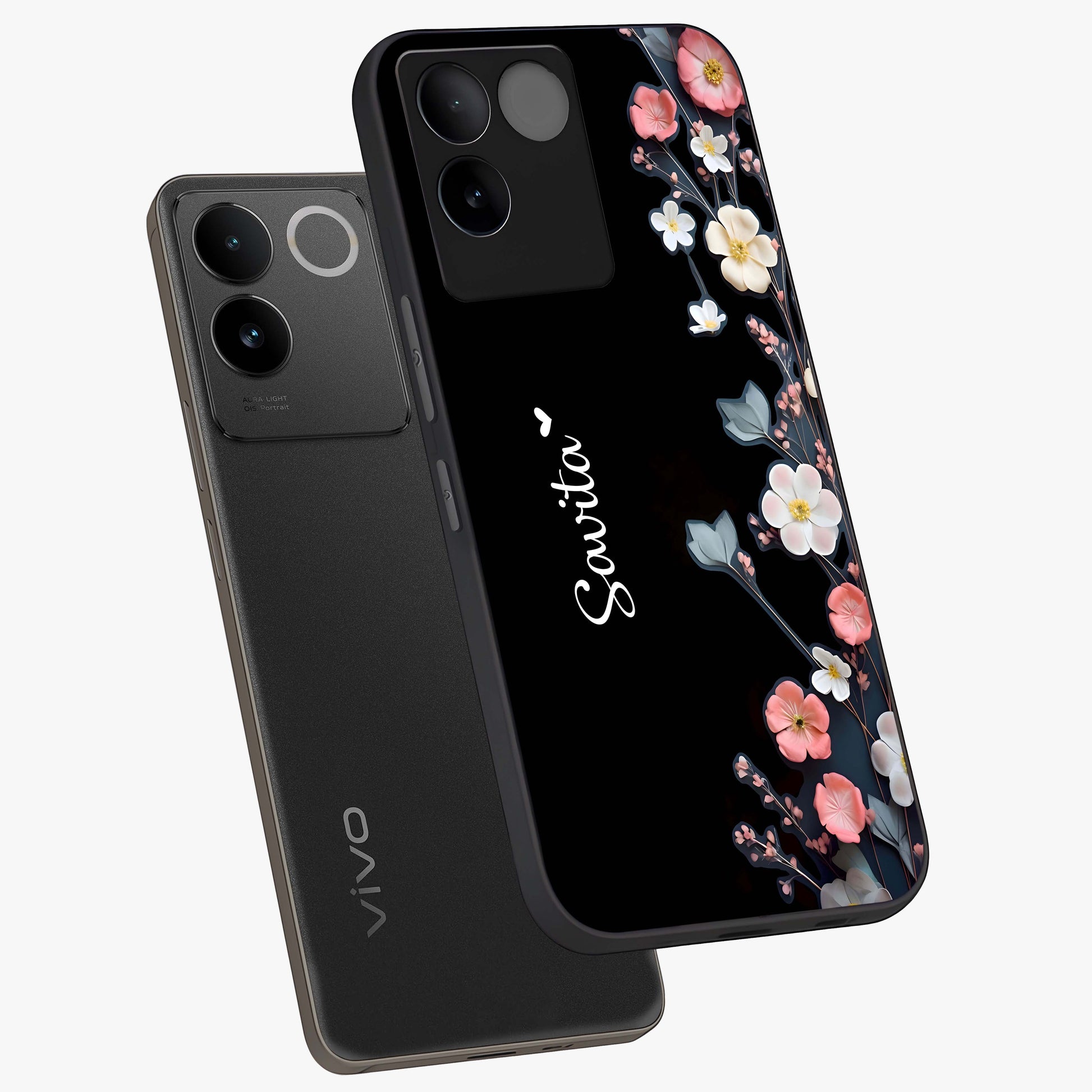 Black Elegance Floral Custom Name Glass Case displayed in angled mockup highlighting dark floral aesthetic and custom name feature.