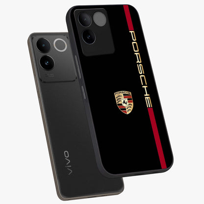 Black Minimal Porsche Glass Case displayed in angled mockup highlighting modern minimal car illustration and clean aesthetic design.