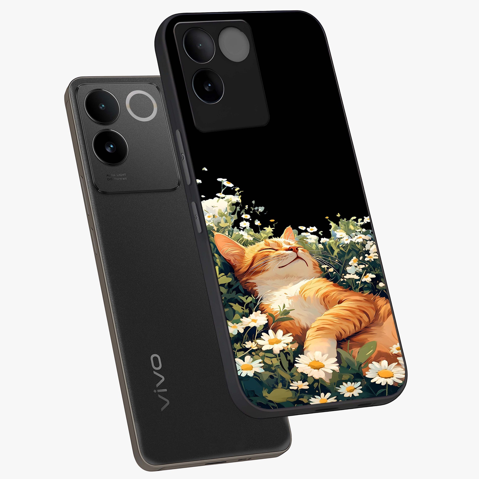 Blissful Bloom Cat Glass Case displayed in angled mockup highlighting playful feline illustration with soft floral aesthetic.