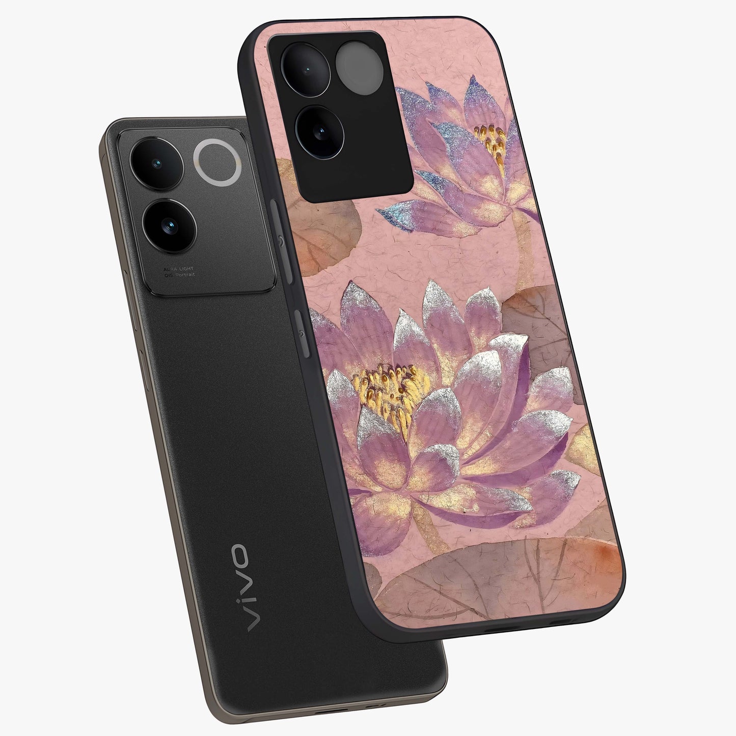 Blossom Mist Lotus Glass Case displayed in angled mockup highlighting delicate lotus illustration with calm aesthetic theme.