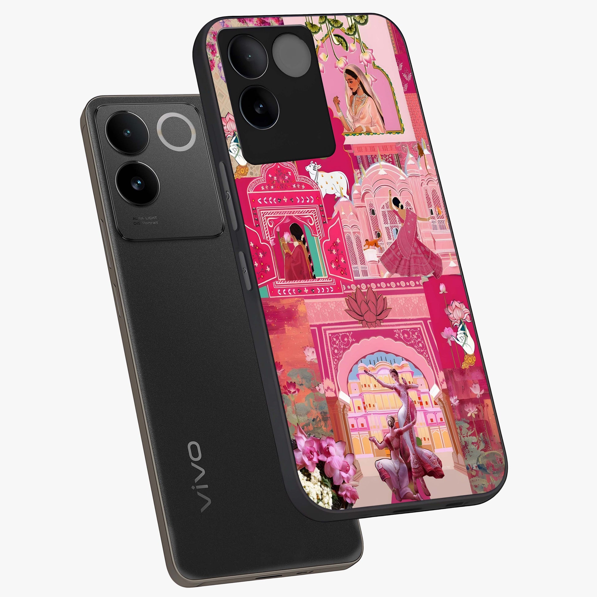 Blossoms of Rajasthan Glass Case displayed in angled mockup highlighting vibrant floral pattern with cultural aesthetic style.