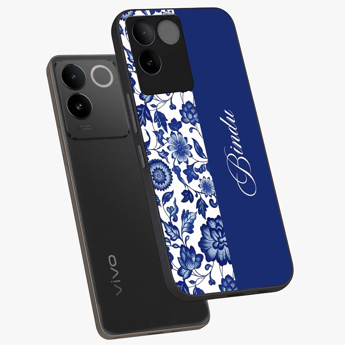 Blue Vintage Floral Pattern Glass Case displayed in angled mockup highlighting subtle bloom pattern with aesthetic pastel design.