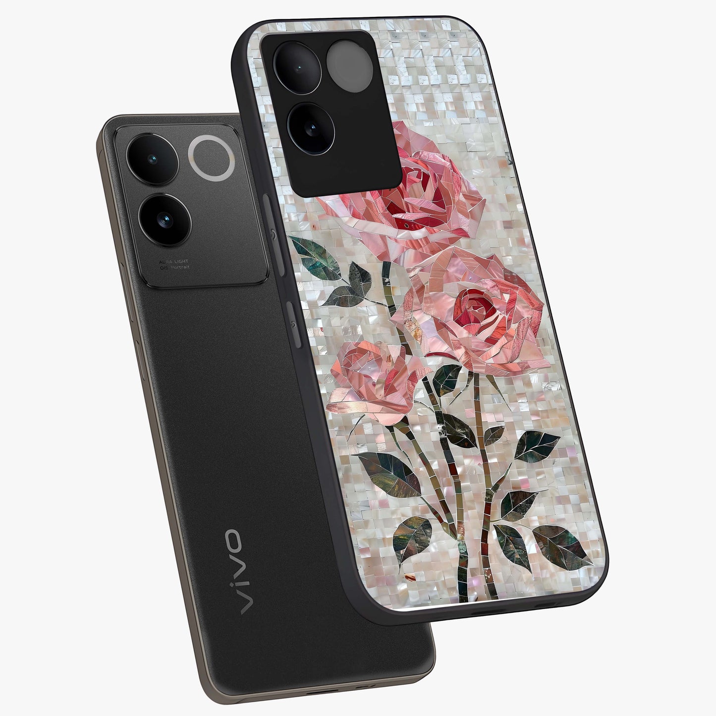 Blush Mosaic Bloom Glass Case displayed in angled mockup highlighting artistic mosaic flower pattern with aesthetic design.