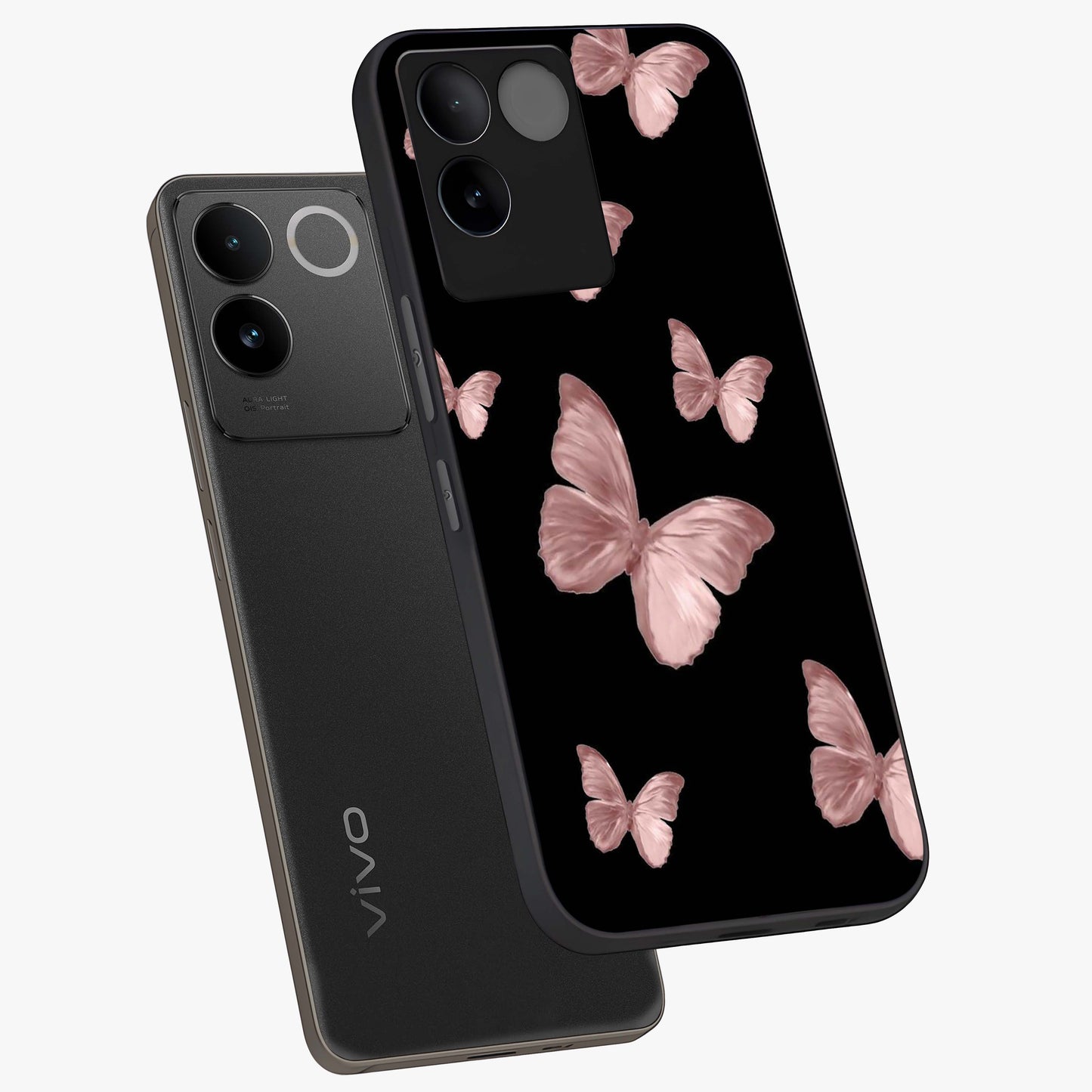 Butterfly Pattern Glass Case displayed in angled mockup highlighting delicate butterfly design and aesthetic pattern style.