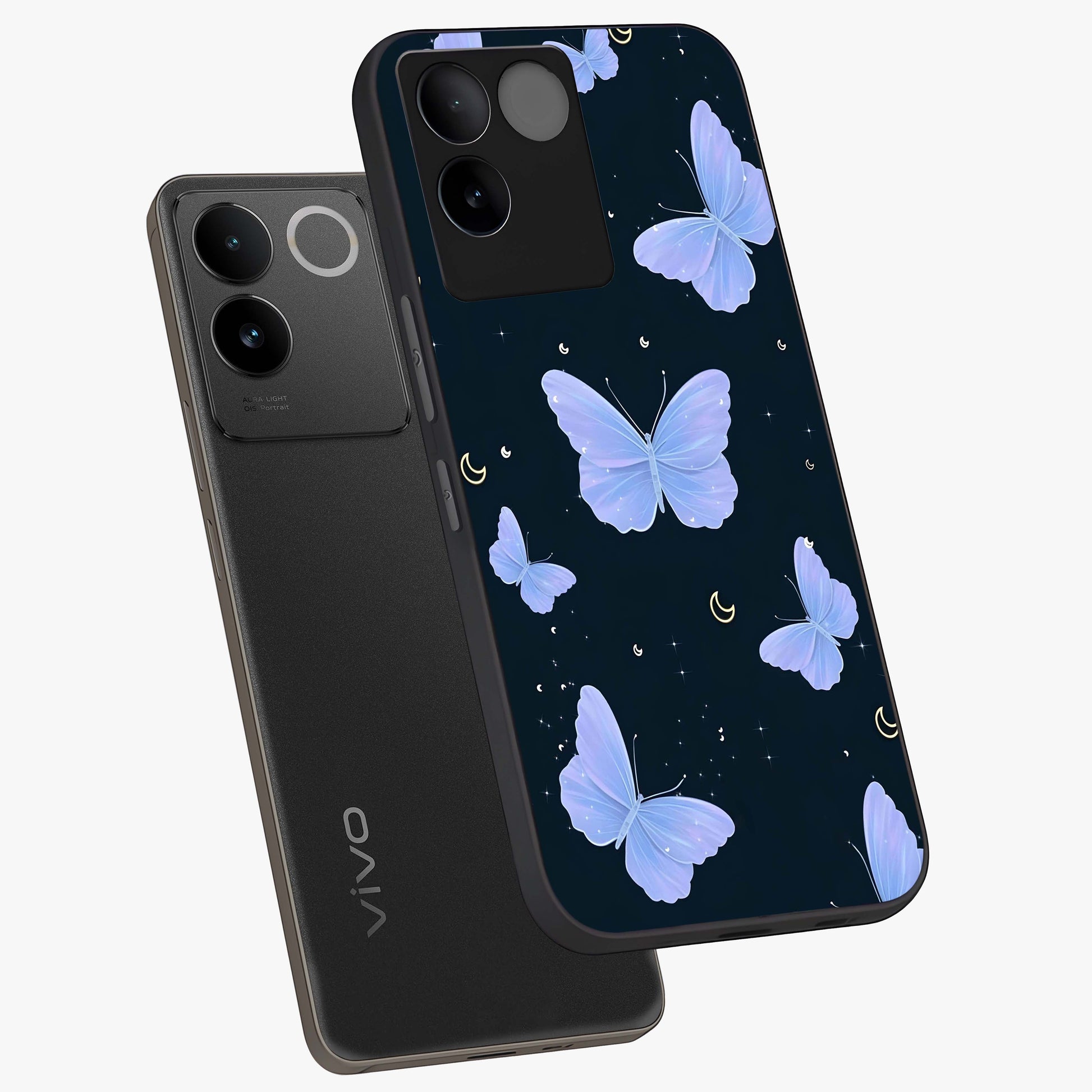 Butterfly With Stars Pattern Glass Case displayed in angled mockup highlighting dreamy butterfly and star design with aesthetic theme.