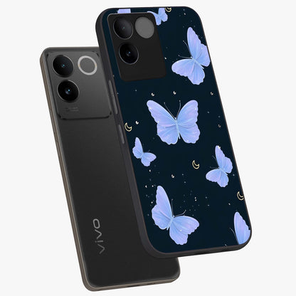 Butterfly With Stars Pattern Glass Case displayed in angled mockup highlighting dreamy butterfly and star design with aesthetic theme.