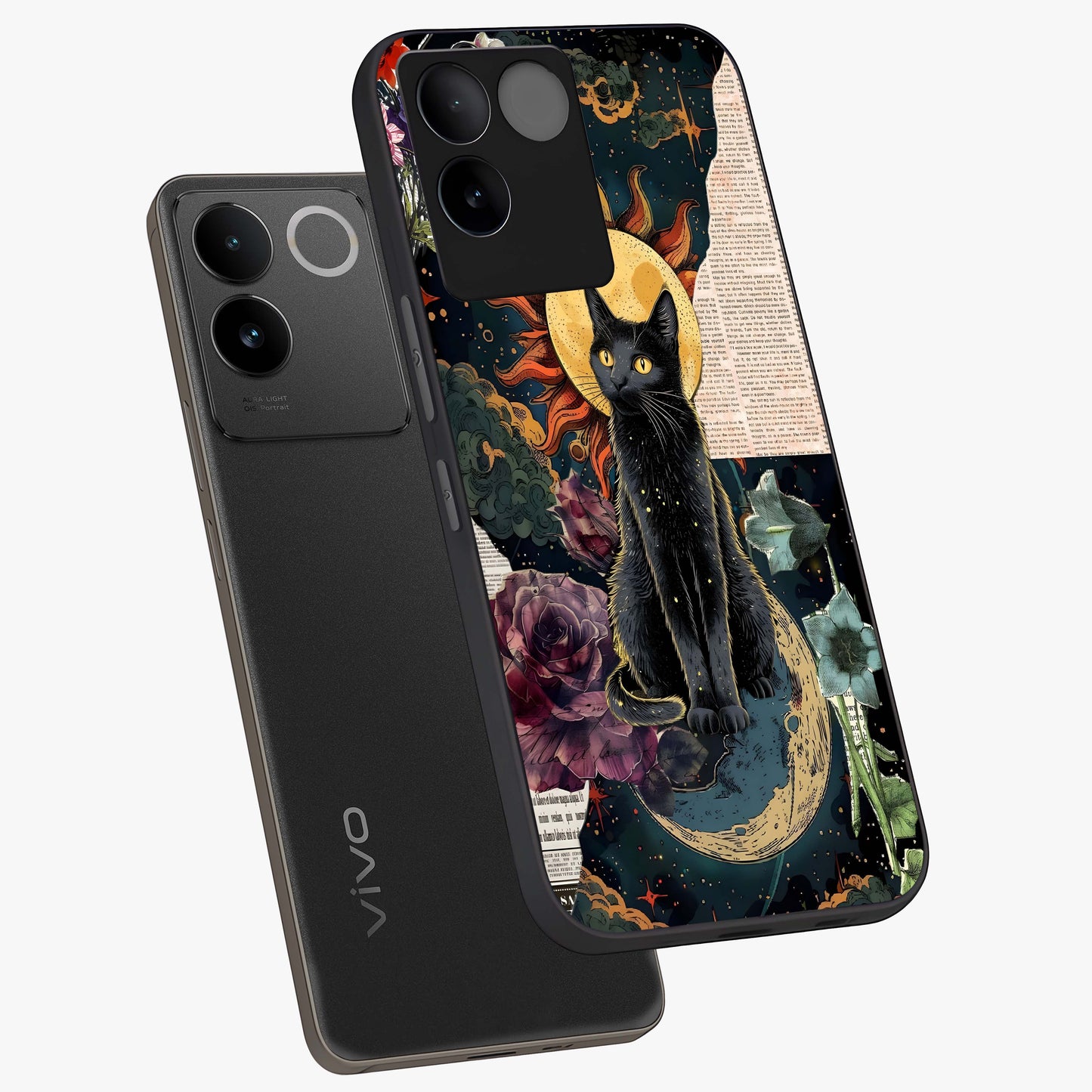 Celestial Black Cat Glass Case displayed in angled mockup highlighting cosmic black cat design with celestial aesthetic.