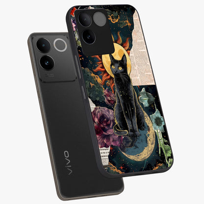 Celestial Black Cat Glass Case displayed in angled mockup highlighting cosmic black cat design with celestial aesthetic.