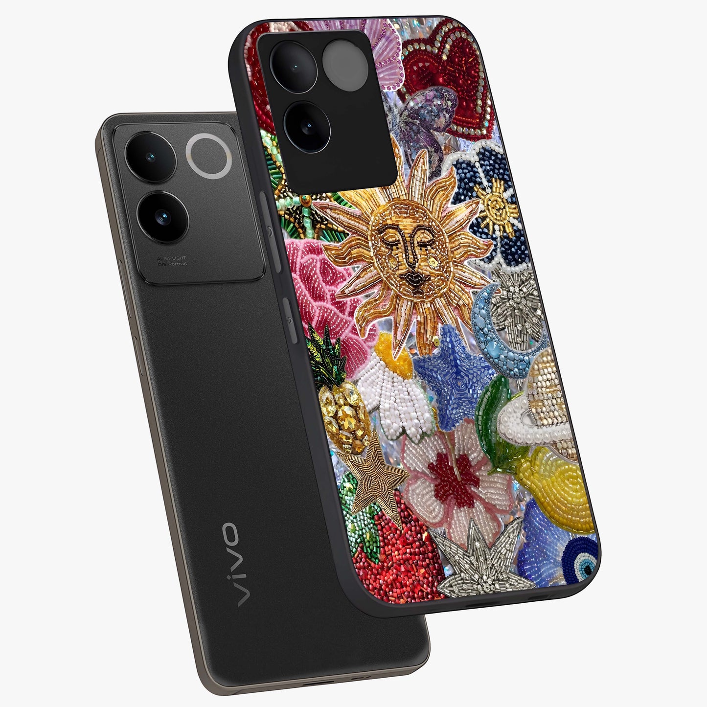 Celestial Floral and Playful Glass Case displayed in angled mockup highlighting playful floral design with dreamy celestial elements.
