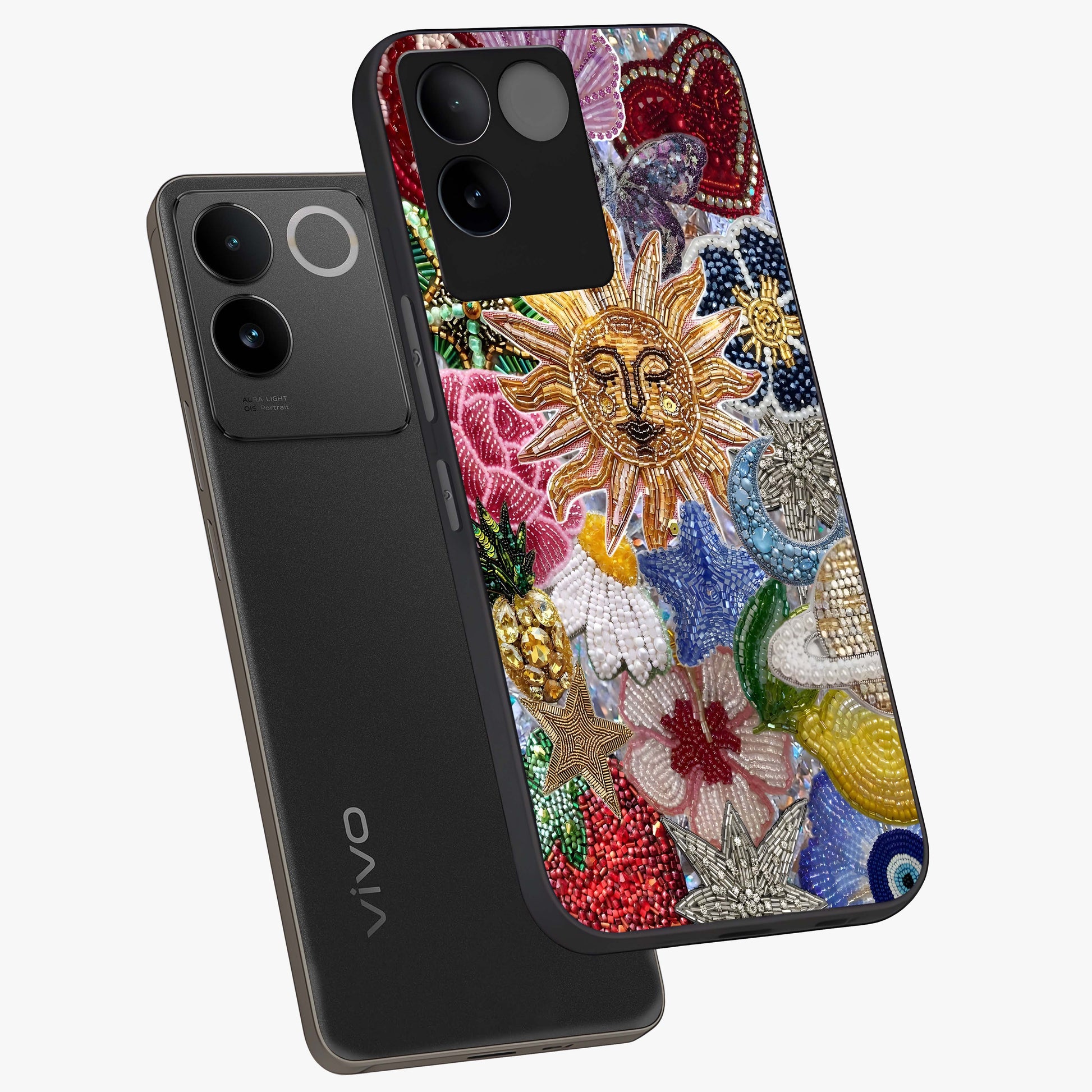 Celestial Floral and Playful Glass Case displayed in angled mockup highlighting playful floral design with dreamy celestial elements.