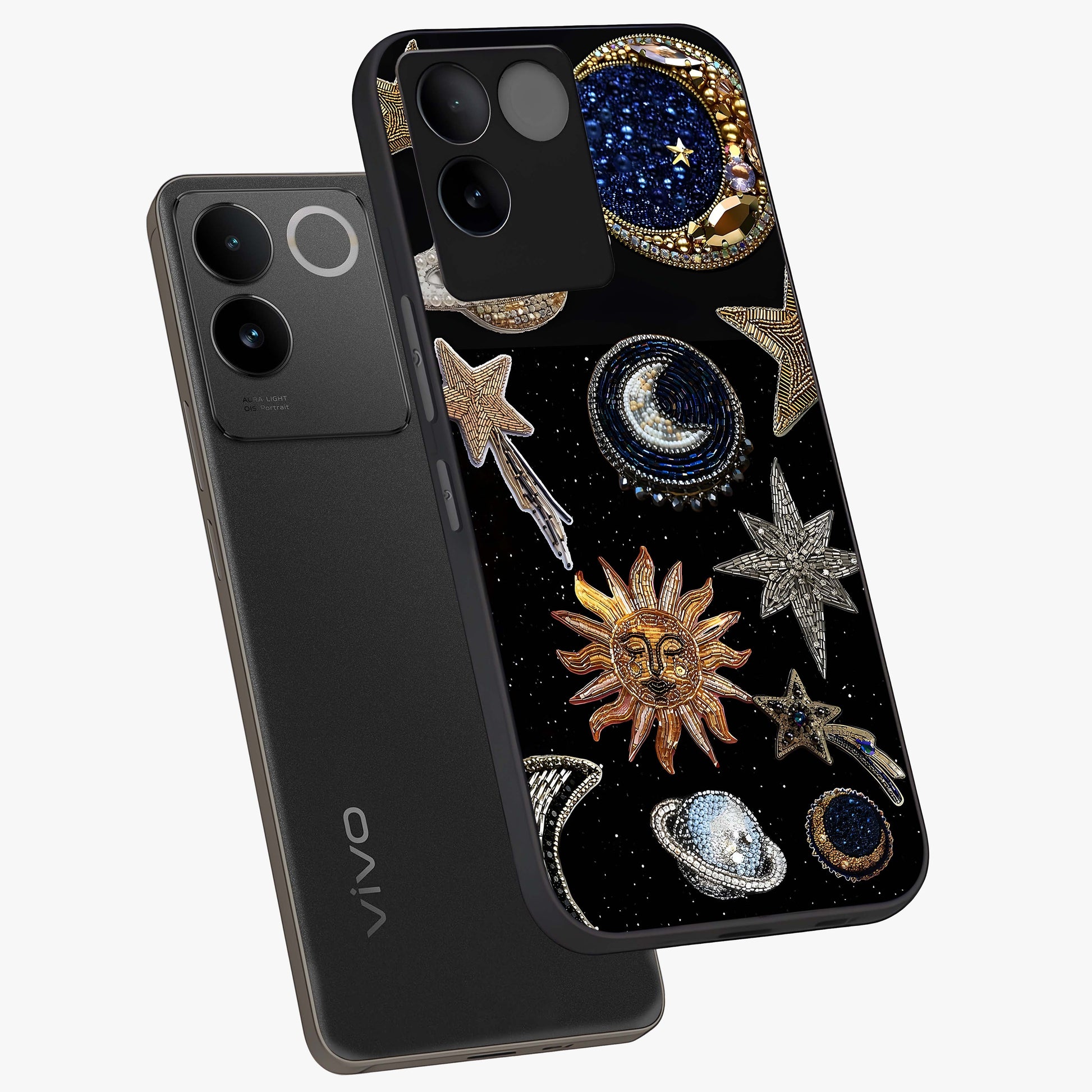 Celestial Gem Constellations Glass Case displayed in angled mockup highlighting gemstone inspired constellation design.