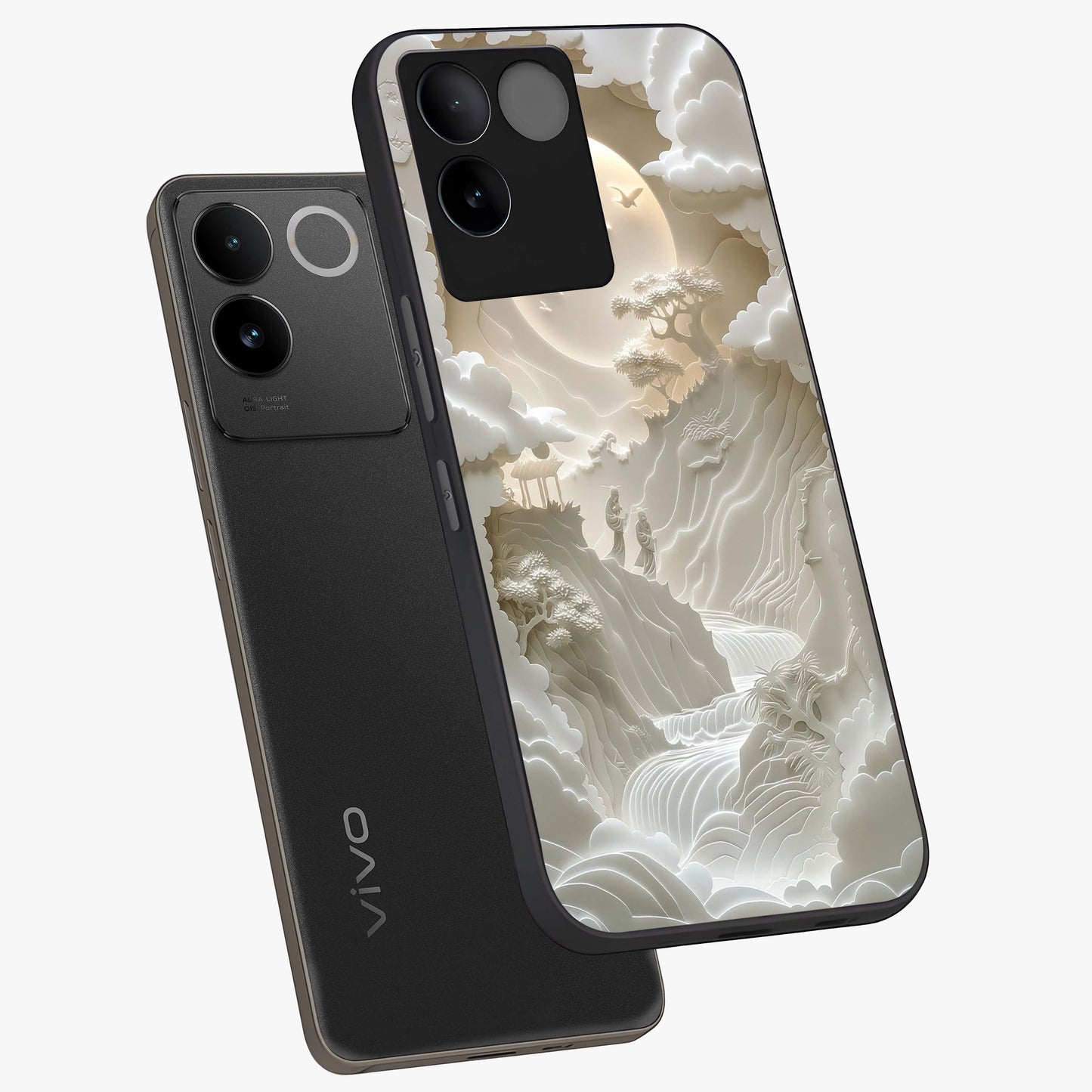 Celestial Origami Glass Case displayed in angled mockup highlighting geometric origami design with cosmic aesthetic theme.