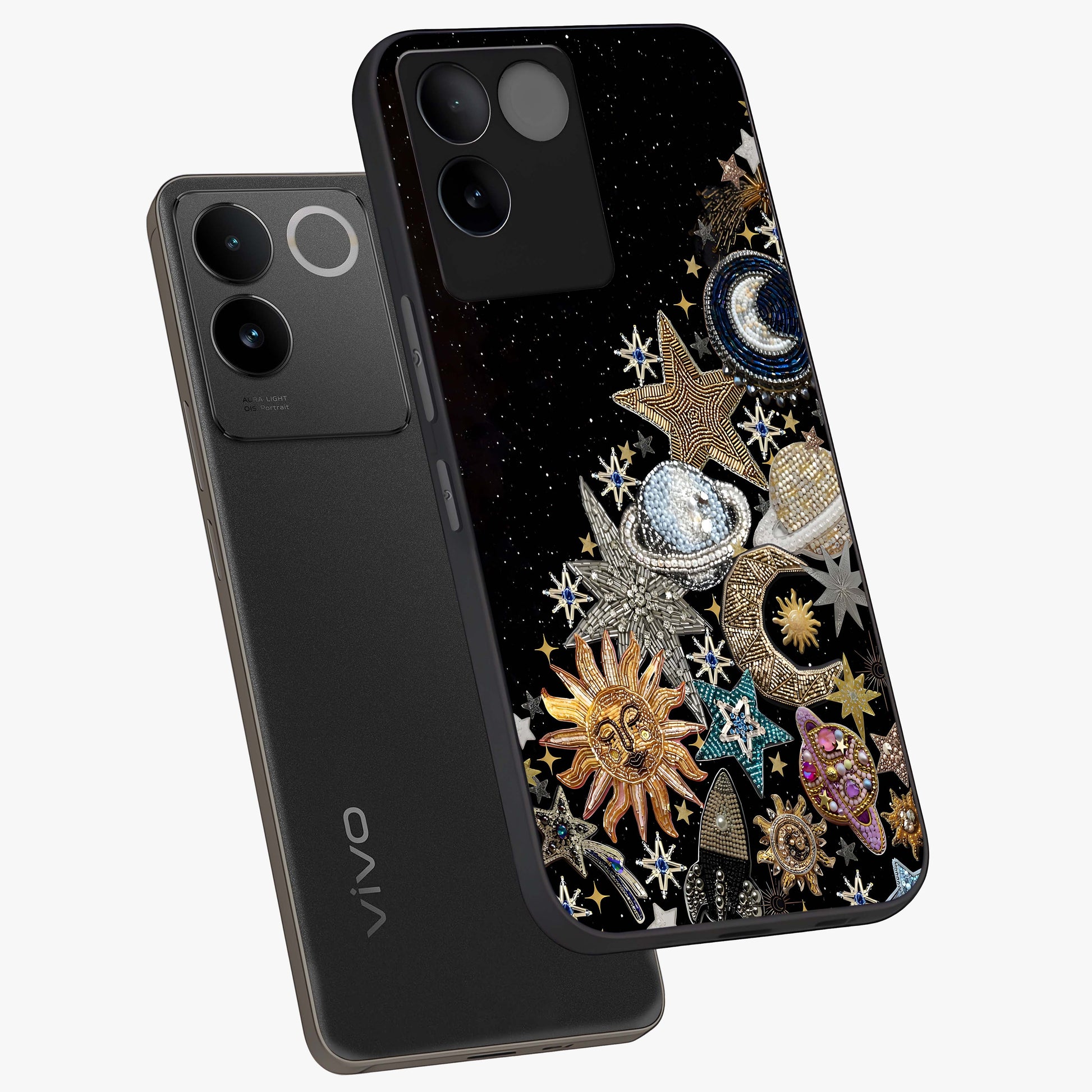 Cosmic Sparkle Dreams Glass Case displayed in angled mockup highlighting dreamy star sparkle design with celestial aesthetic.