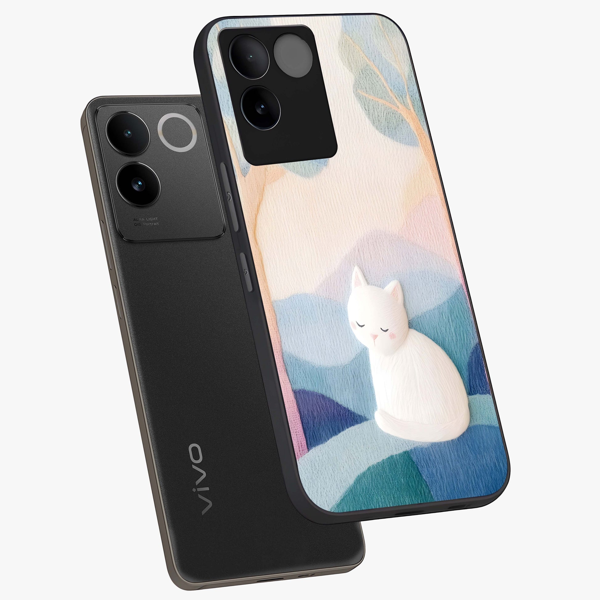 Cotton Dream Cat Glass Case displayed in angled mockup highlighting cute feline illustration with pastel aesthetic style.