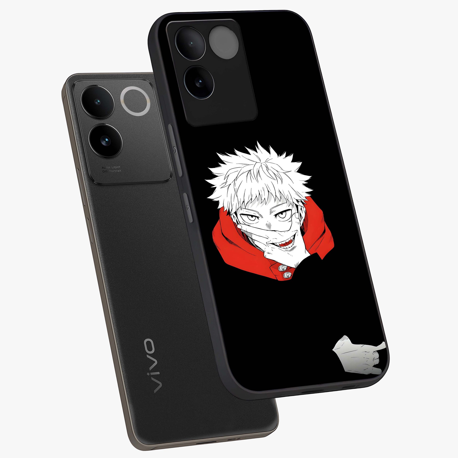 Crimson Chaos Smile Glass Case displayed in angled mockup highlighting edgy crimson smile design with graphic aesthetic.
