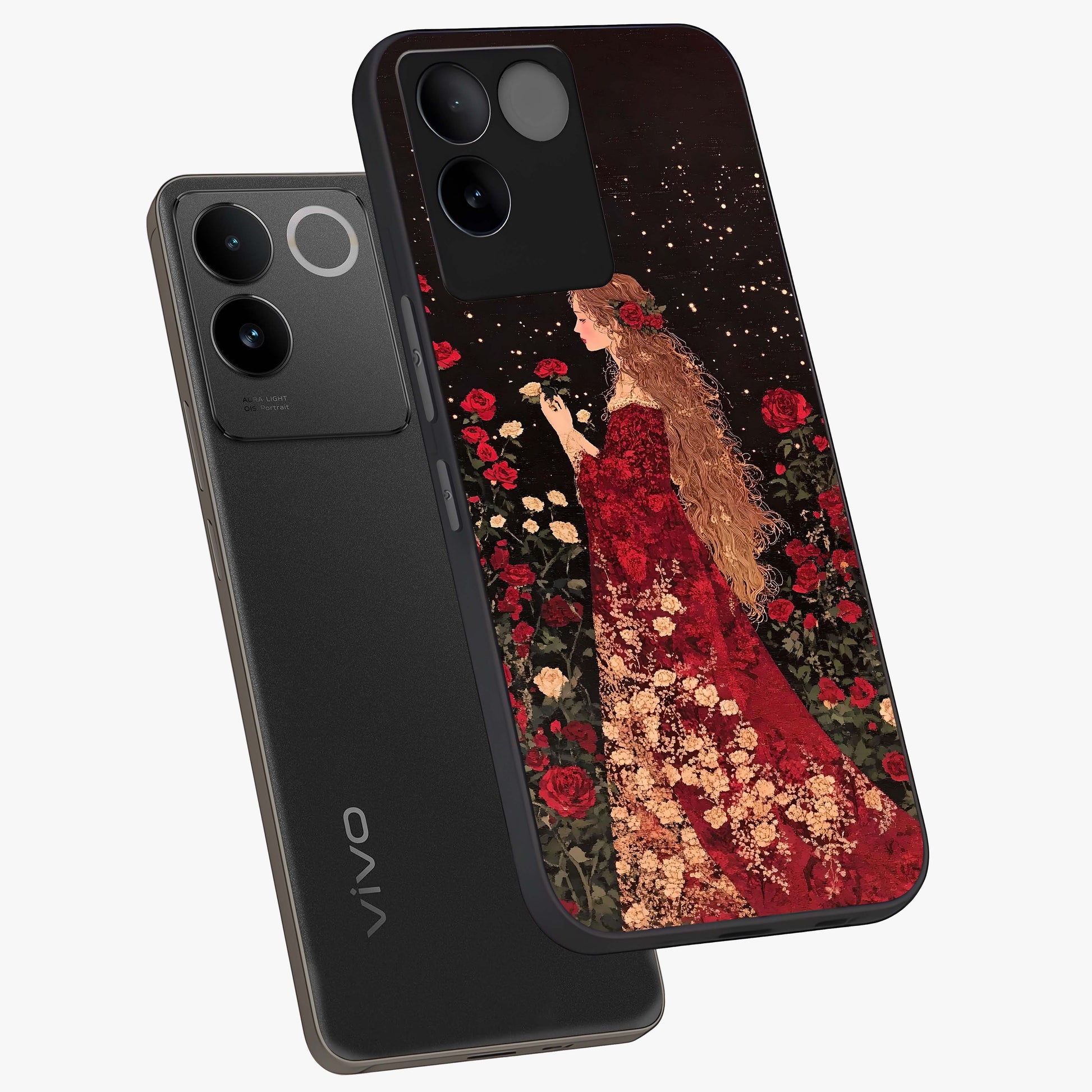 Crimson Dreams Glass Case displayed in angled mockup highlighting soft crimson aesthetic design with artistic theme.