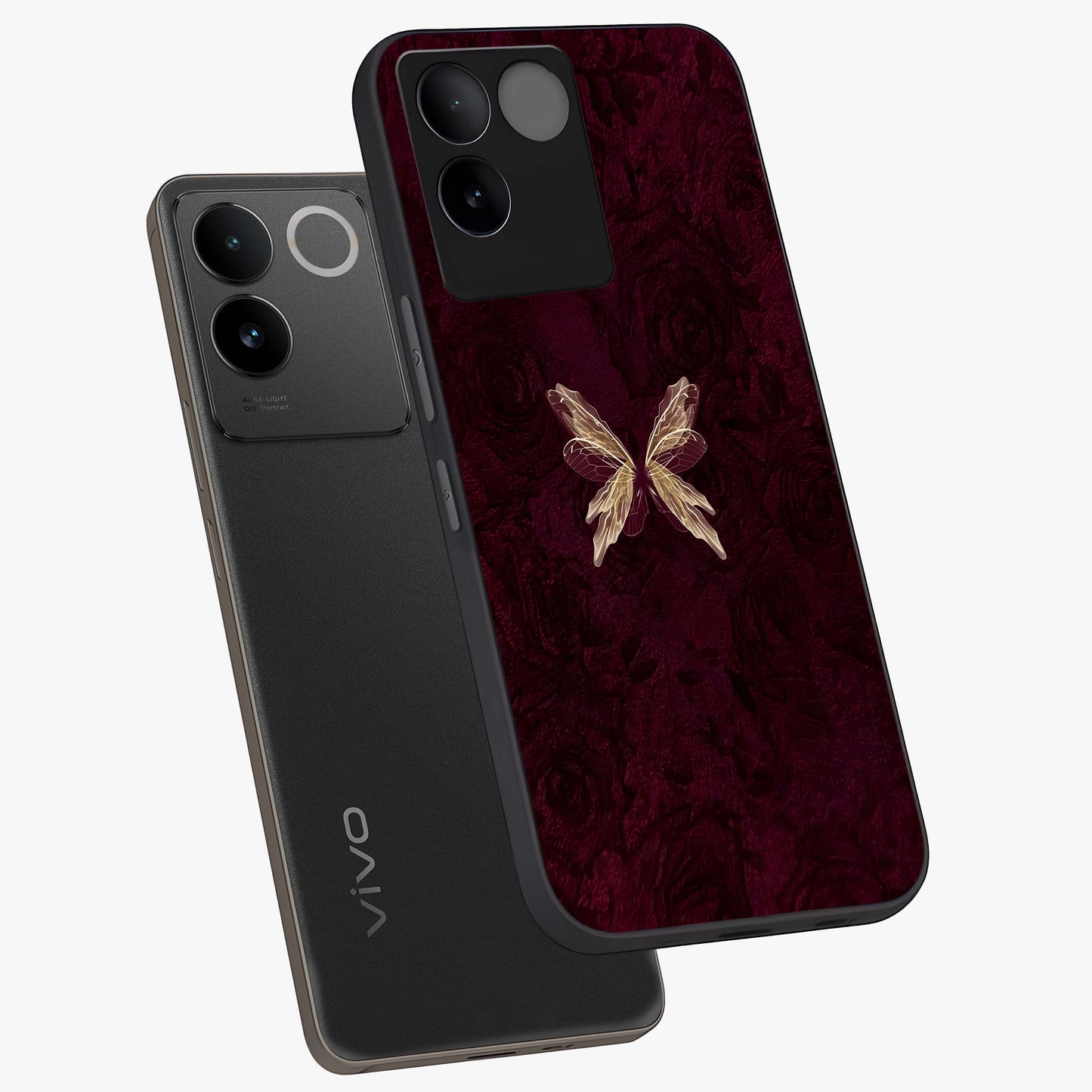 Crimson Fade Butterfly Glass Case displayed in angled mockup highlighting elegant butterfly design with crimson gradient aesthetic.