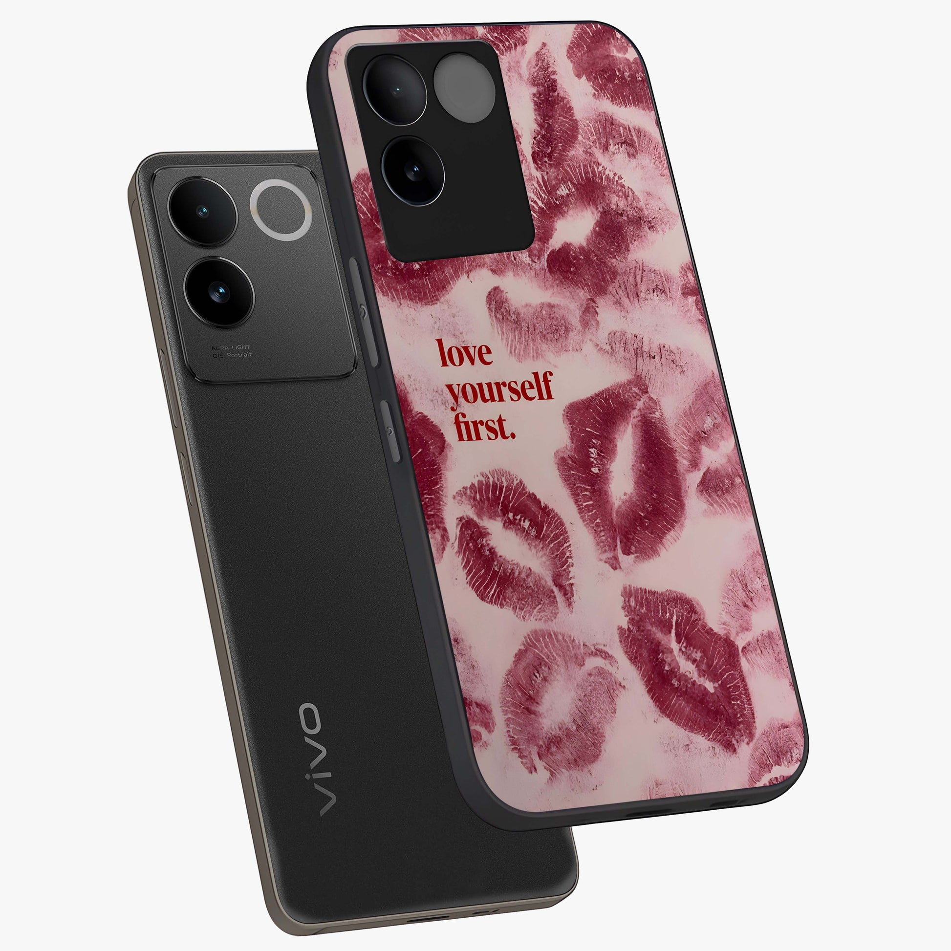 Crimson Kiss Love Glass Case displayed in angled mockup highlighting bold love inspired design with modern aesthetic style.