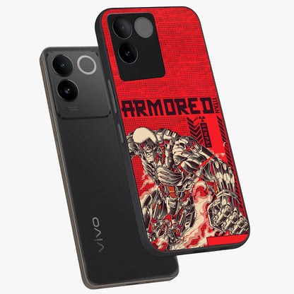 Crimson Mecha Titan Glass Case displayed in angled mockup highlighting futuristic mech illustration with bold crimson aesthetic.