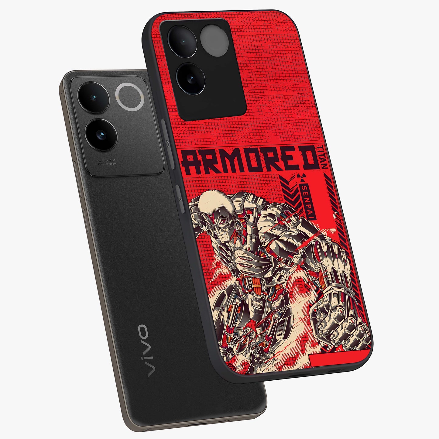 Crimson Mecha Titan Glass Case displayed in angled mockup highlighting futuristic mech illustration with bold crimson aesthetic.