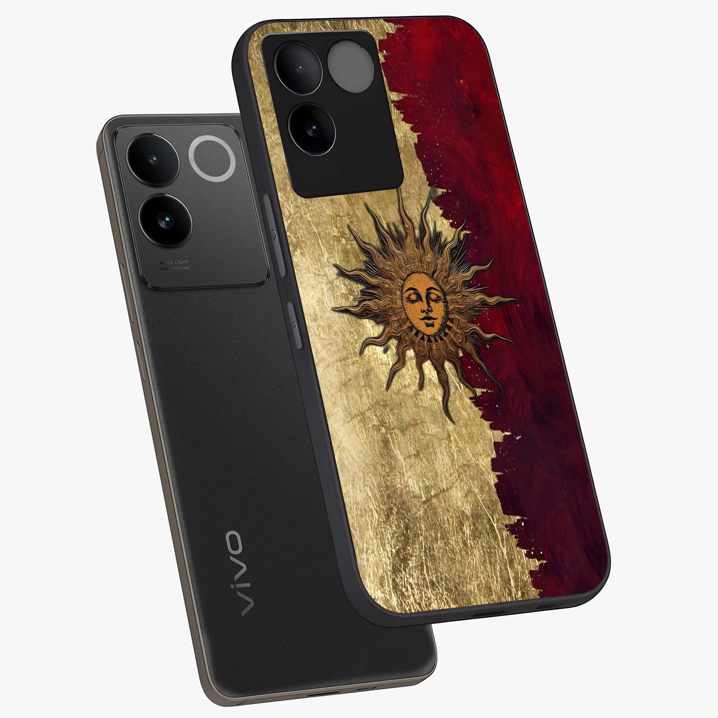 Crimson Sun Majesty Glass Case displayed in angled mockup highlighting majestic crimson sun design with bold aesthetic style.