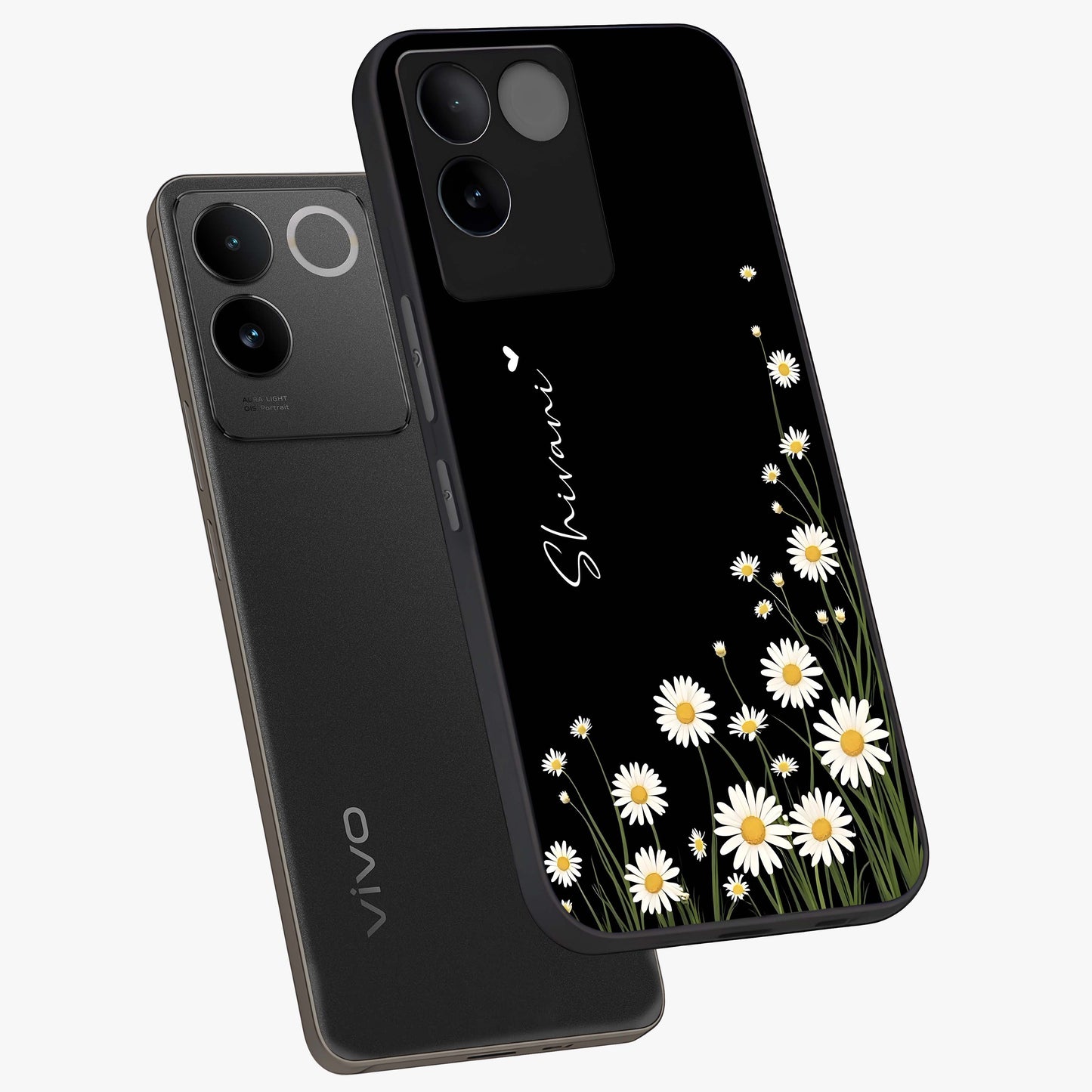 Daisy Cascade Custom Name Glass Case displayed in angled mockup highlighting delicate daisy artwork with custom name feature.