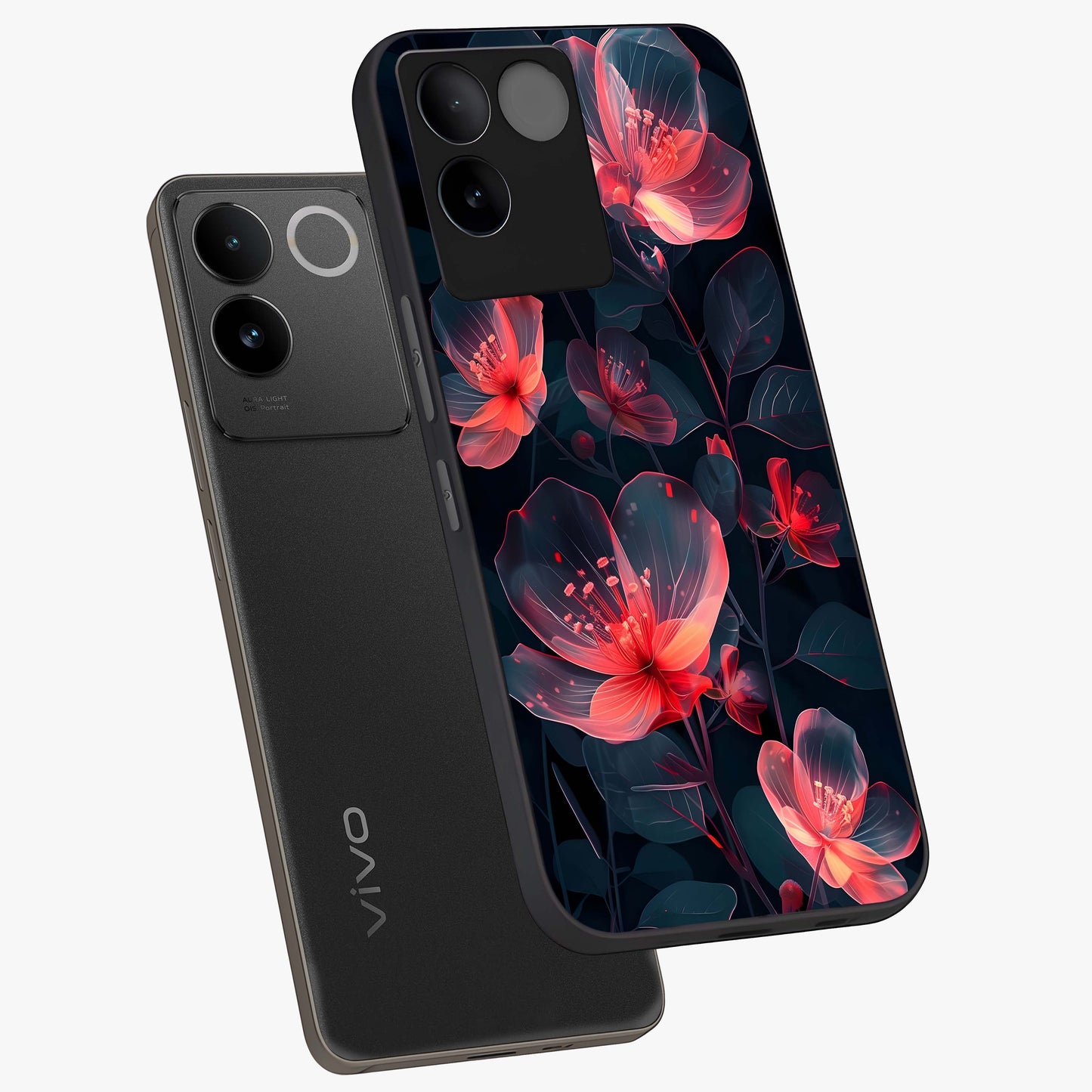 Dark Shade of Flower Glass Case displayed in angled mockup highlighting moody floral illustration with aesthetic dark tones.