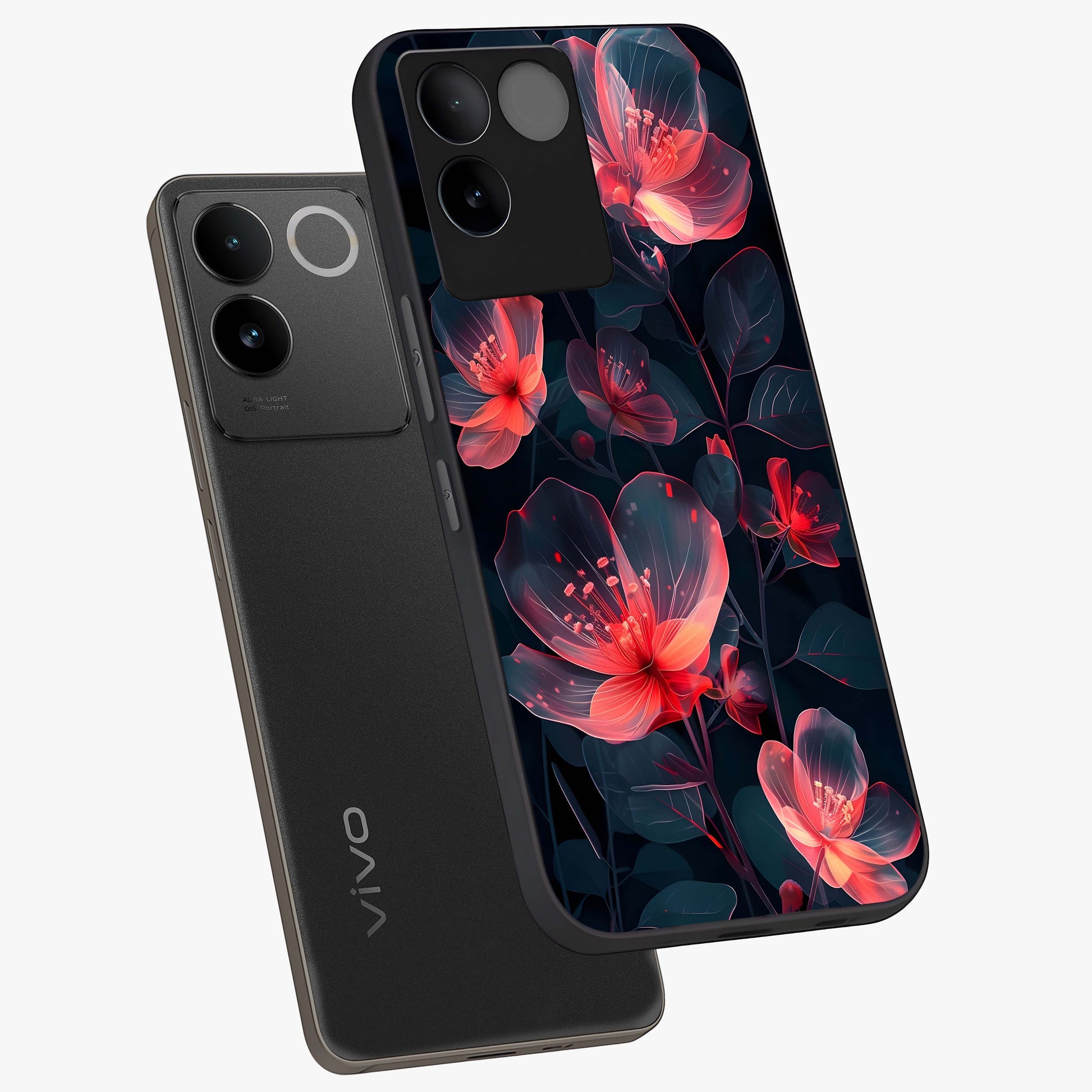 Dark Shade of Flower Glass Case displayed in angled mockup highlighting moody floral illustration with aesthetic dark tones.