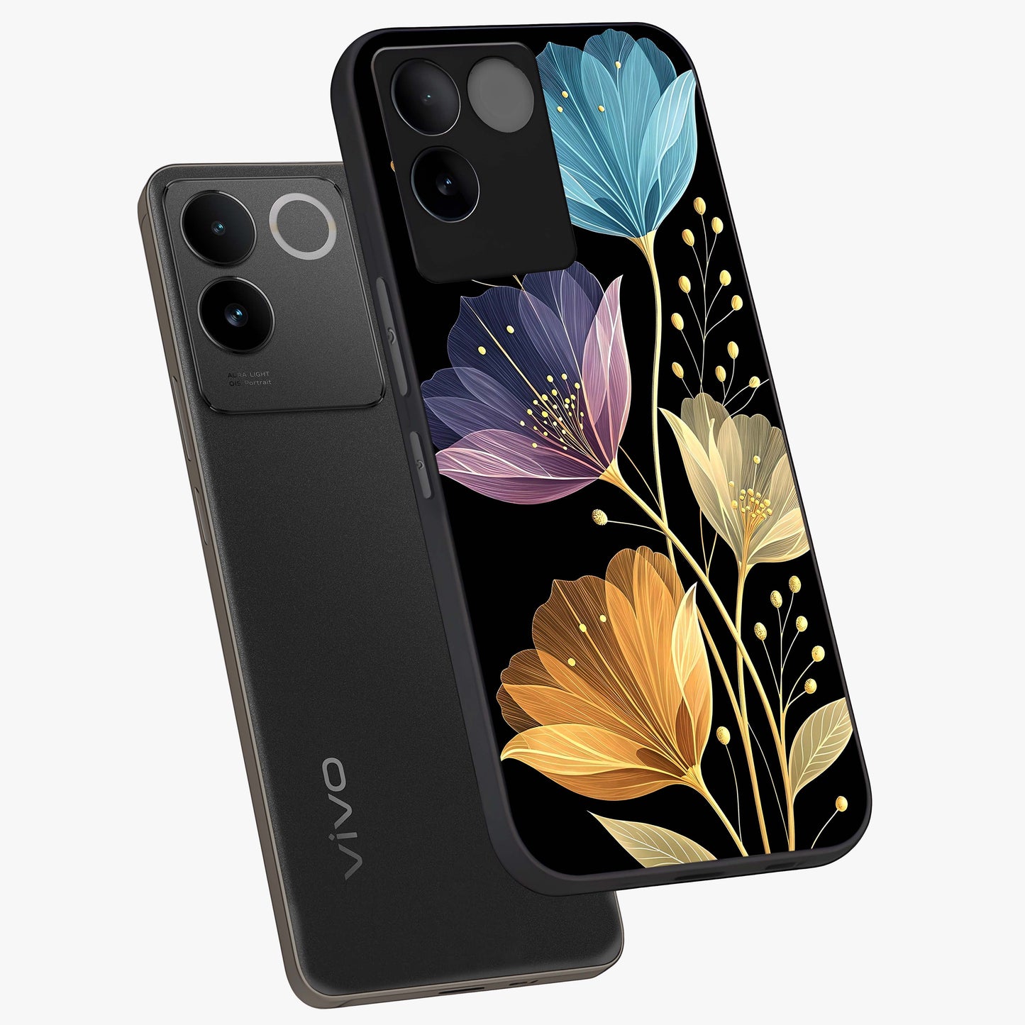 Delicate Multicolor Flowers Glass Case displayed in angled mockup highlighting colorful flower pattern with soft aesthetic style.