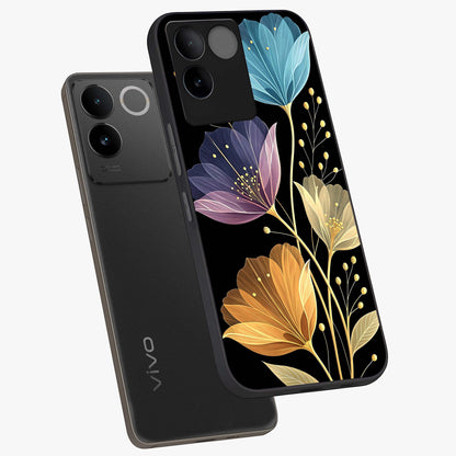 Delicate Multicolor Flowers Glass Case displayed in angled mockup highlighting colorful flower pattern with soft aesthetic style.
