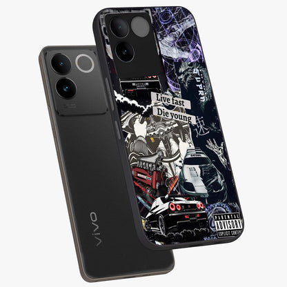 Die Young Glass Case displayed in angled mockup highlighting expressive graphic artwork with edgy aesthetic style.