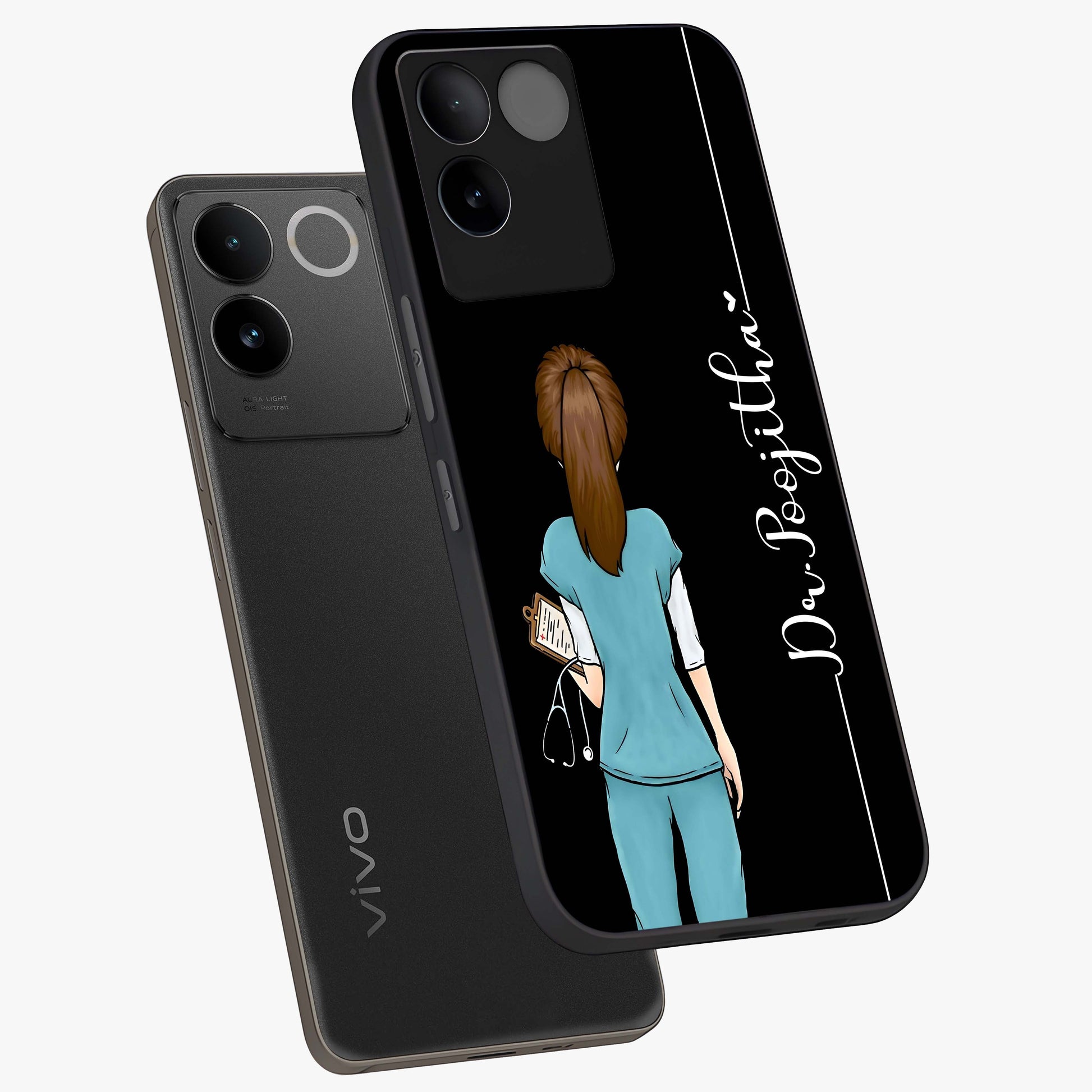 Doctor Pattern Custom Name Glass Case displayed in angled mockup highlighting doctor inspired artwork with custom name feature.