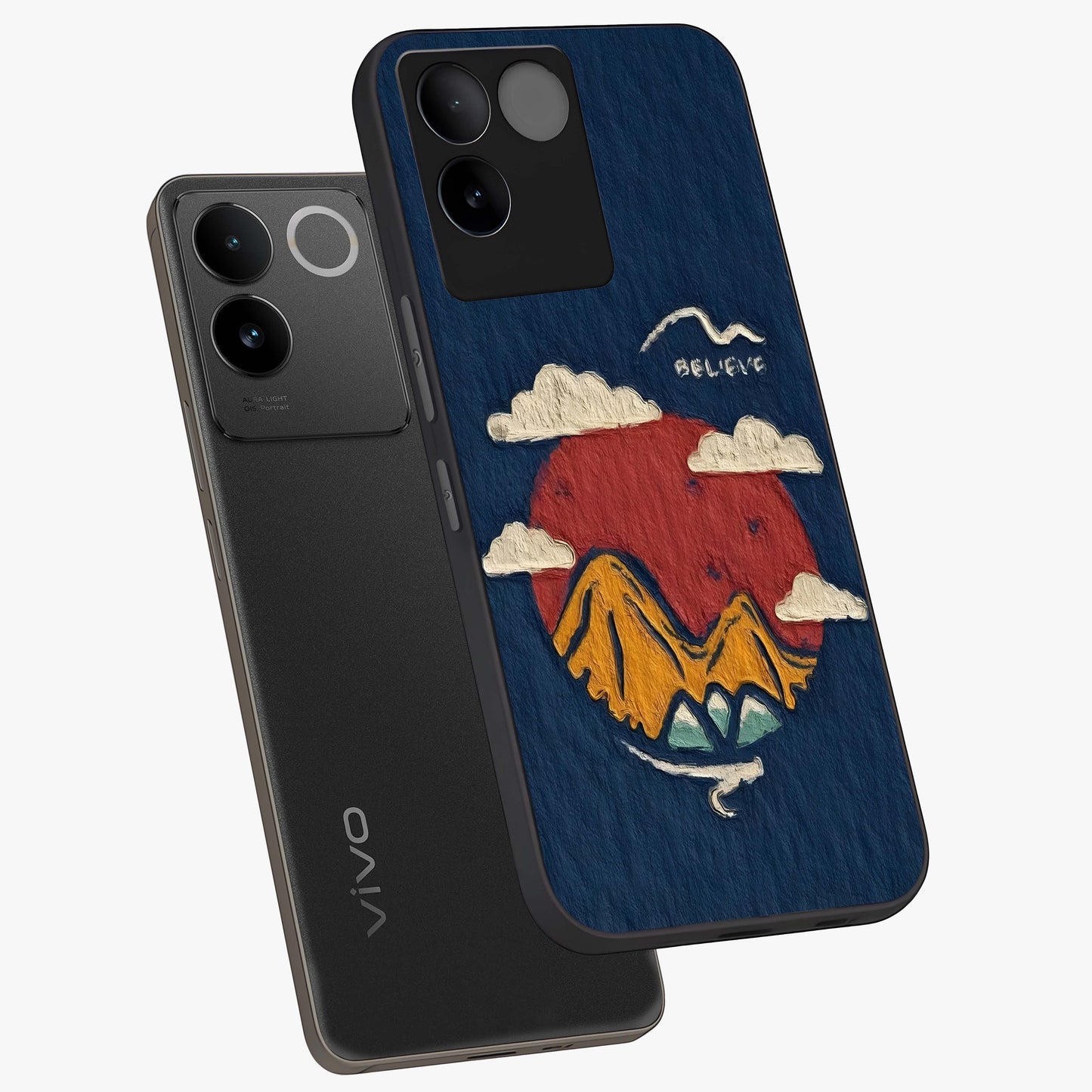 Dream Beyond Mountains Glass Case displayed in angled mockup highlighting dreamy mountain illustration with peaceful aesthetic.