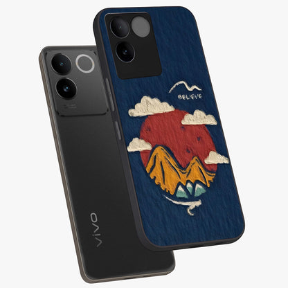 Dream Beyond Mountains Glass Case displayed in angled mockup highlighting dreamy mountain illustration with peaceful aesthetic.
