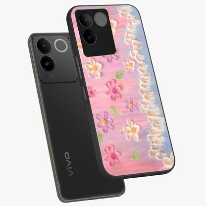 Dreamy Painted Garden Glass Case displayed in angled mockup highlighting colorful garden illustration with dreamy aesthetic style.