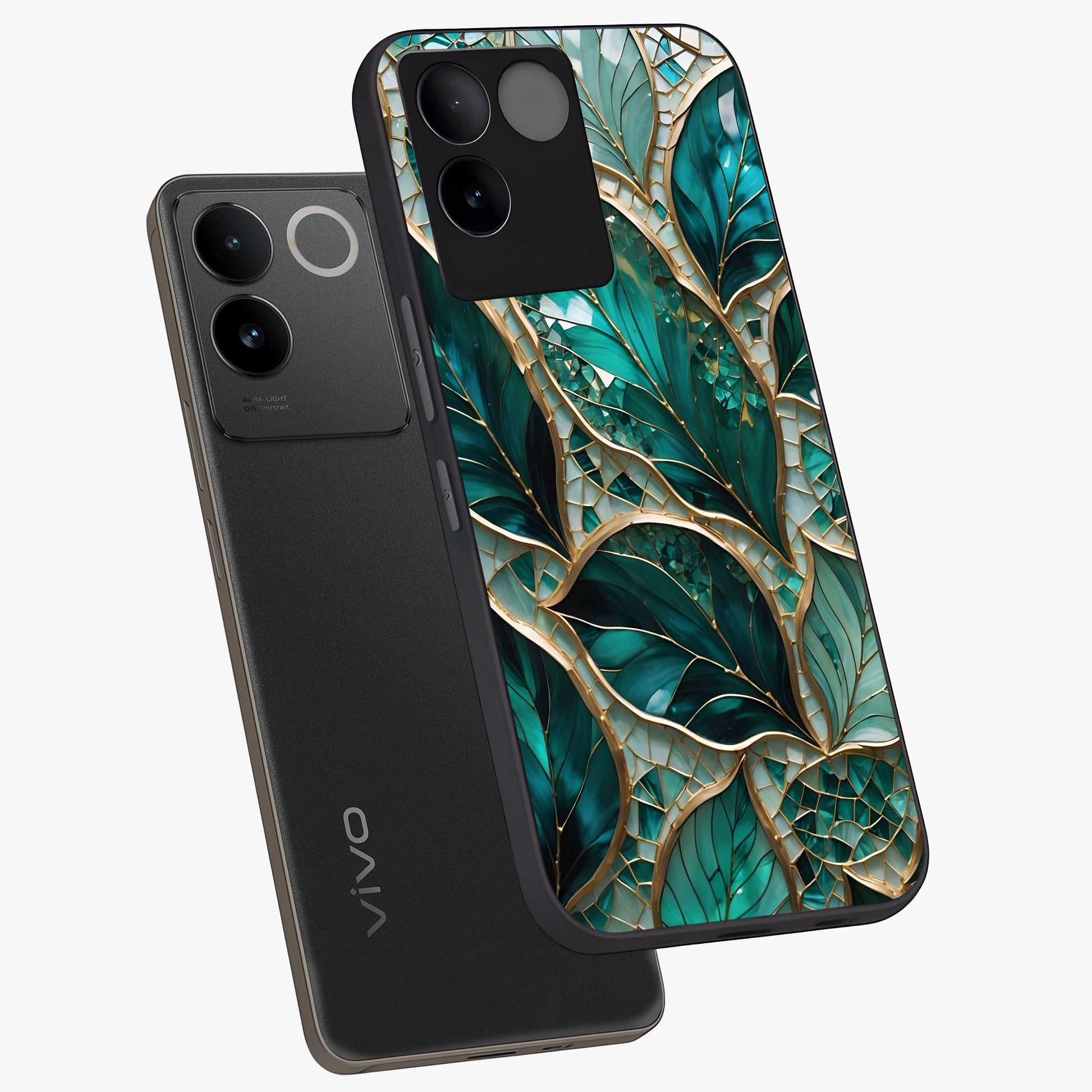 Emerald Leaf Glass Glass Case displayed in angled mockup highlighting botanical leaf illustration with elegant natural aesthetic.