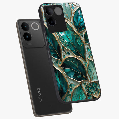 Emerald Leaf Glass Glass Case displayed in angled mockup highlighting botanical leaf illustration with elegant natural aesthetic.