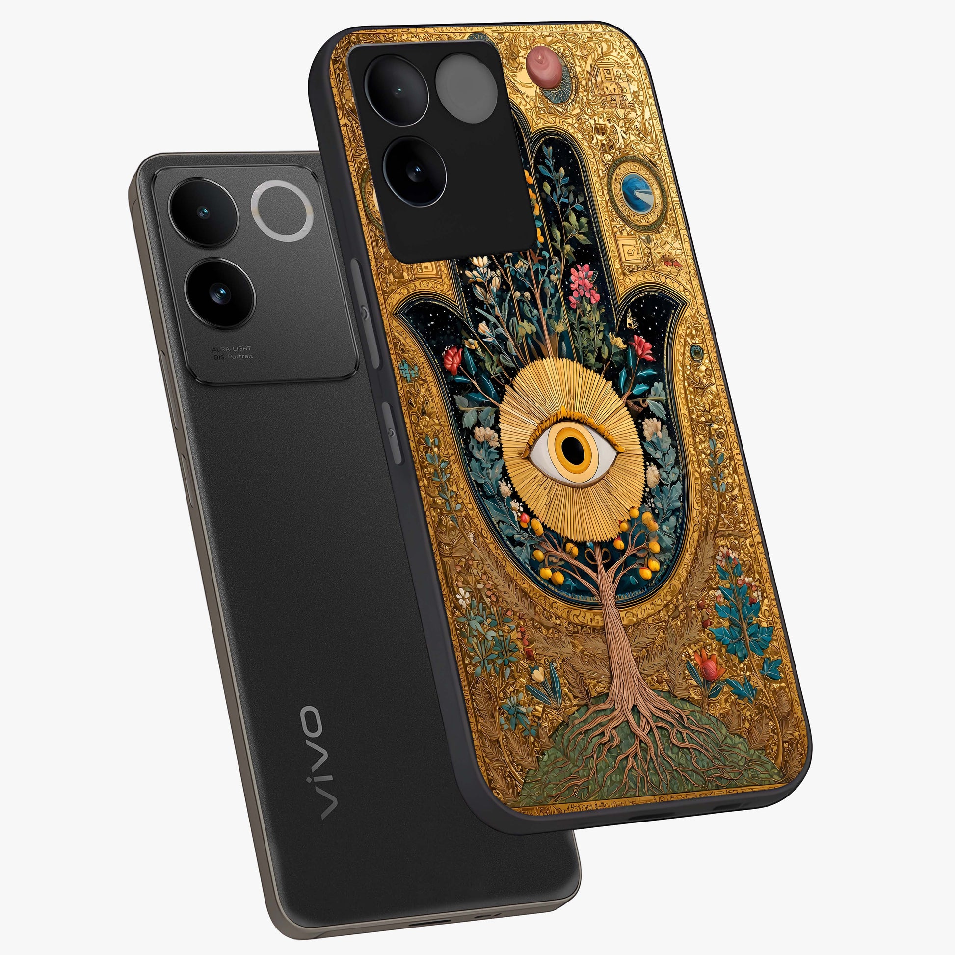Ethereal Evil Eye Glass Case displayed in angled mockup highlighting protective evil eye symbol with spiritual aesthetic design.