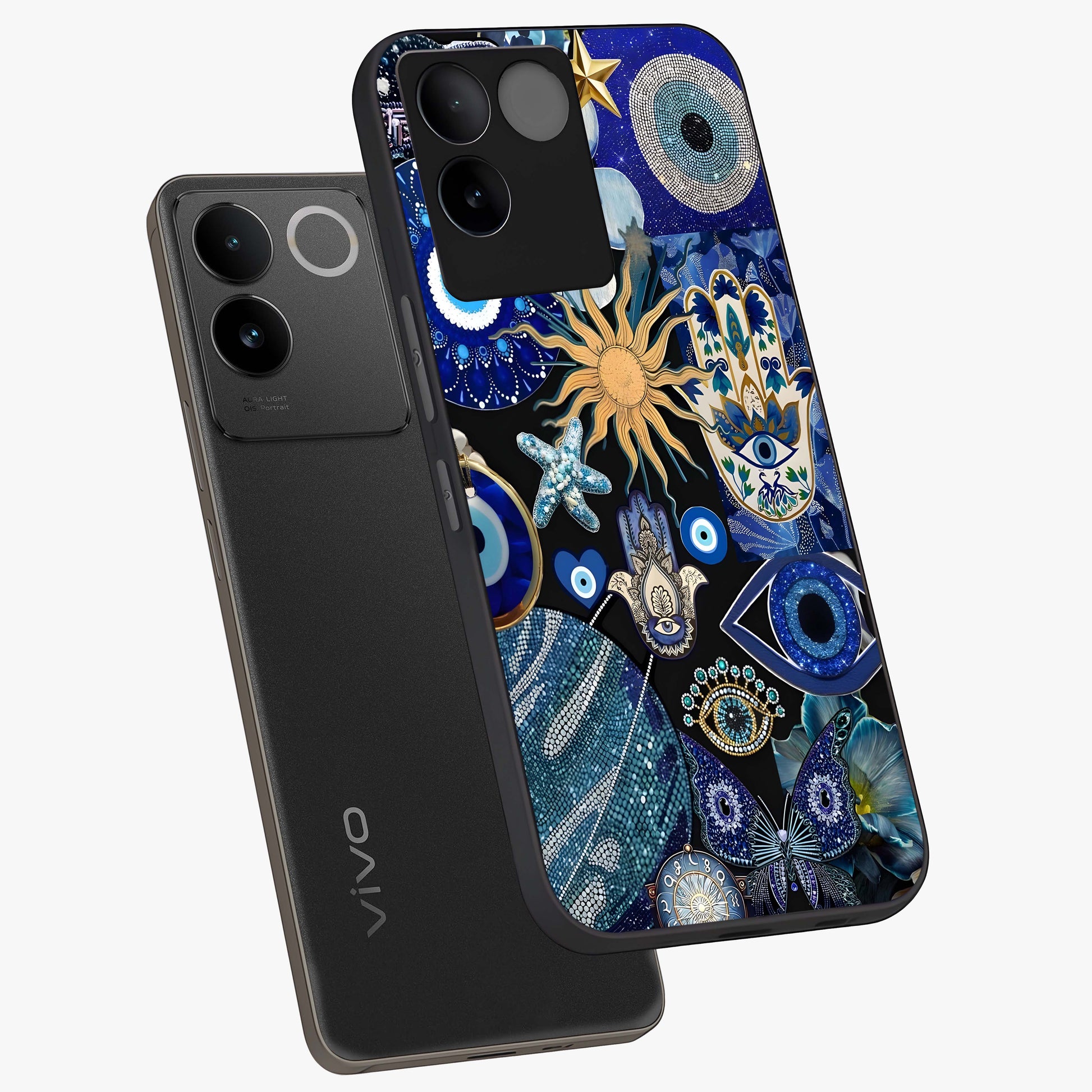 Evil Eye Charm Mix Glass Case displayed in angled mockup highlighting protective evil eye symbols with spiritual aesthetic design.