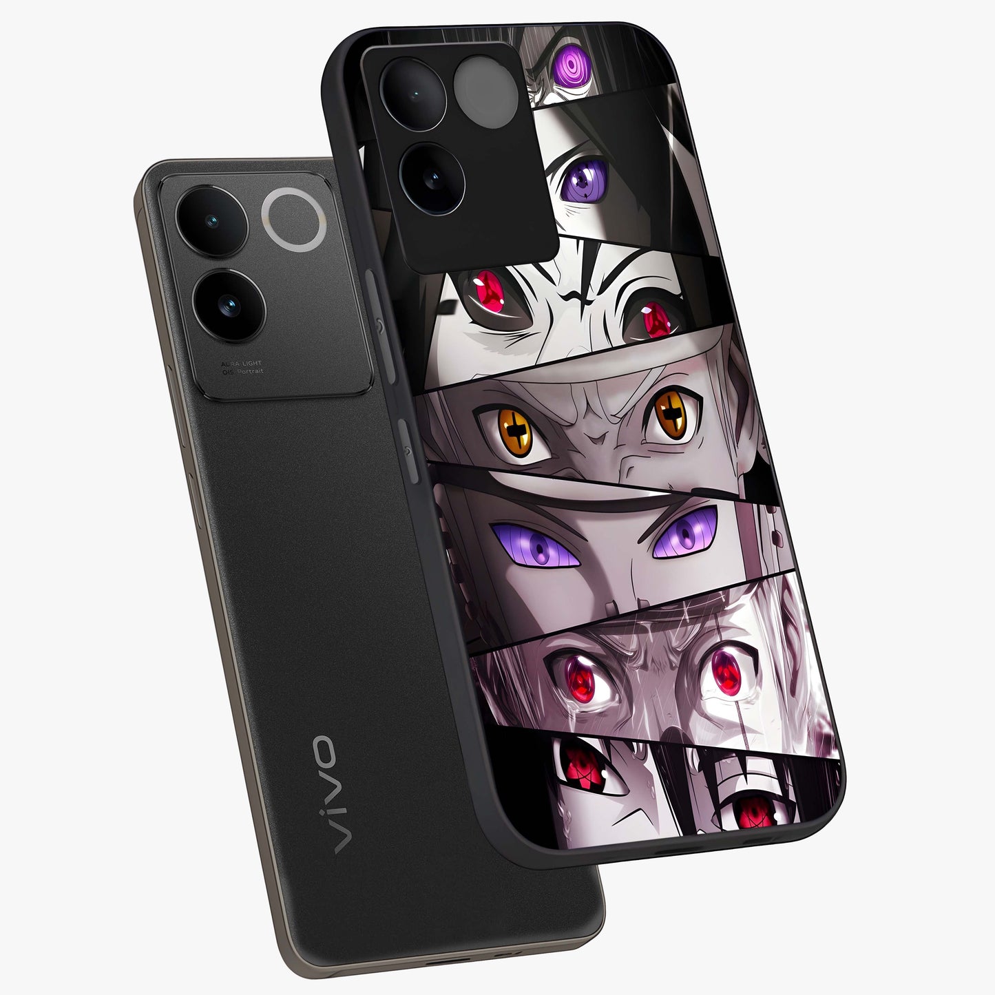 Eyes of Destiny Glass Case displayed in angled mockup highlighting bold eye illustration with mystical aesthetic style.
