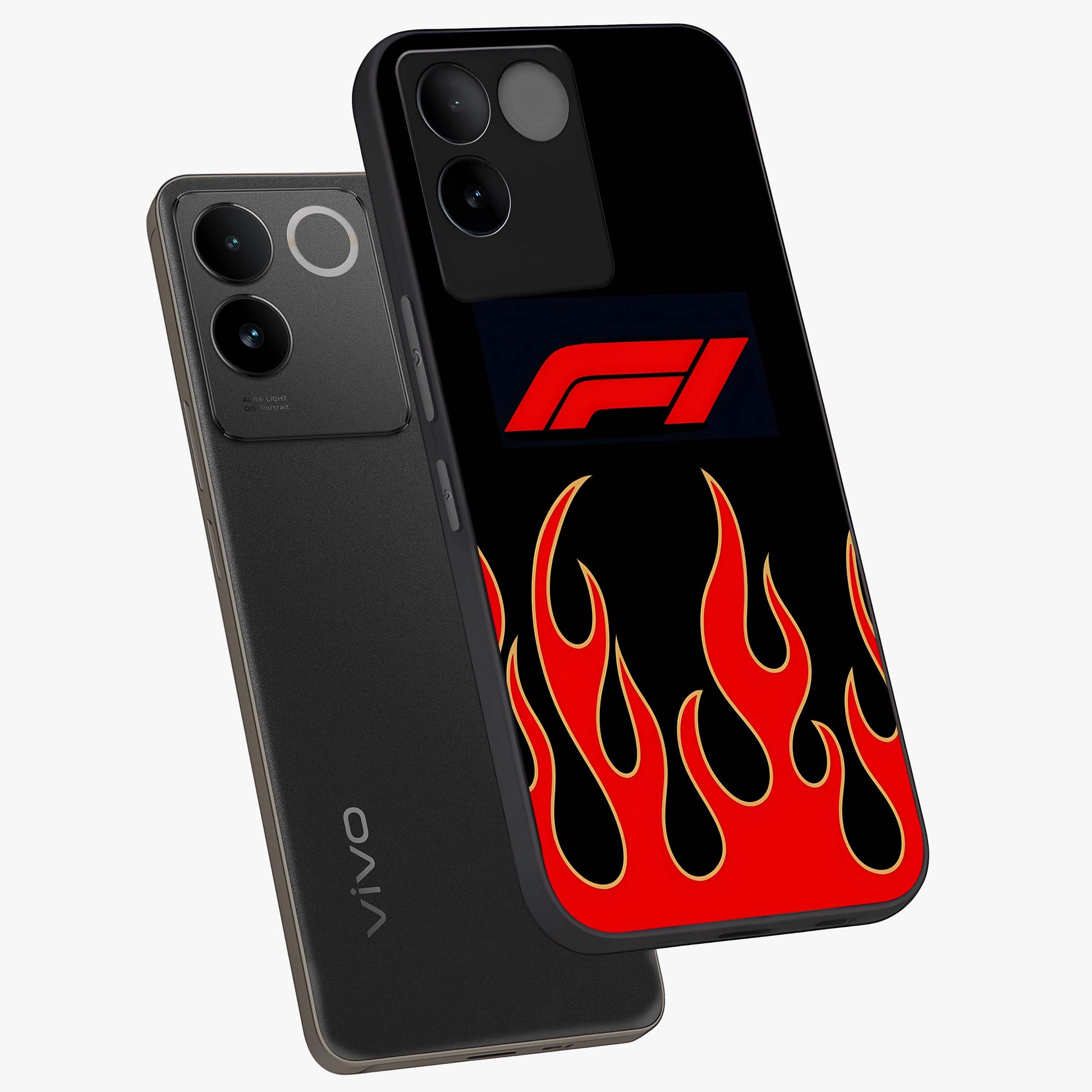 Fire F11 Glass Case displayed in angled mockup highlighting bold fire inspired graphic with energetic aesthetic style.